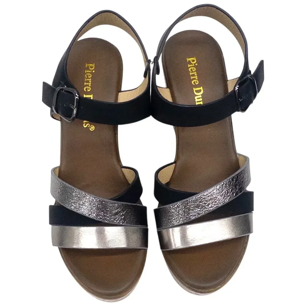 Pierre Dumas High Heel Platform Wedge Strappy Sandals Women's 6  Black Silver